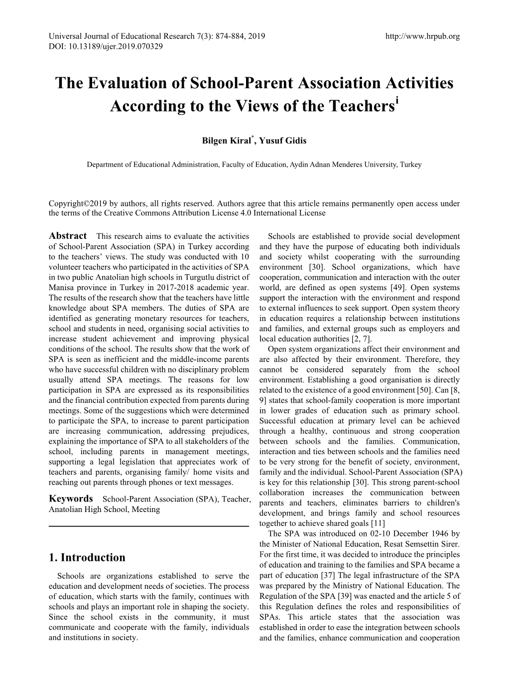 The Evaluation of School-Parent Association Activities According to the Views of the Teachersi