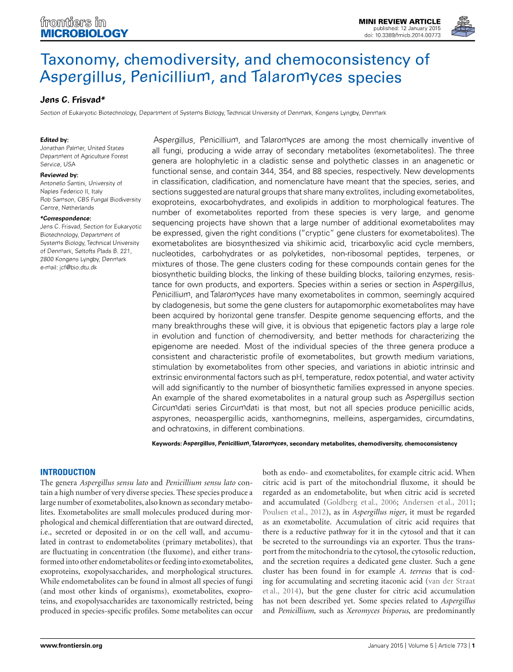 Taxonomy, Chemodiversity, and Chemoconsistency of Aspergillus, Penicillium, and Talaromyces Species