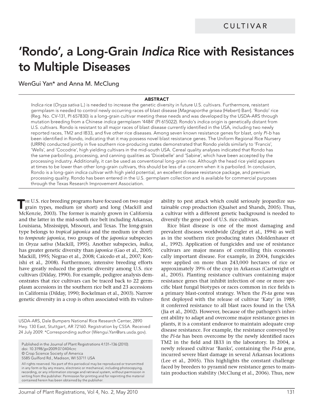 A Long-Grain Indica Rice with Resistances to Multiple Diseases