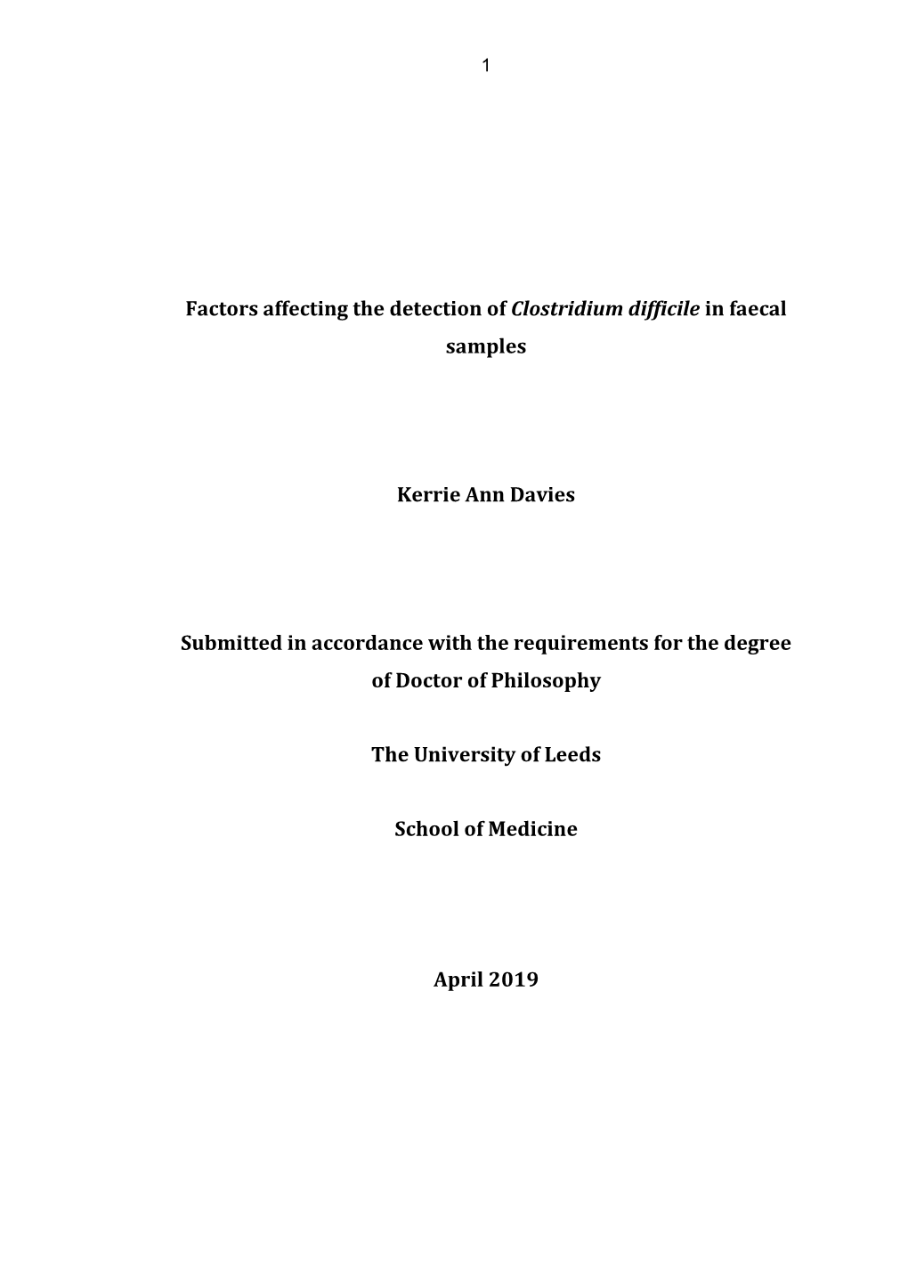 Factors Affecting the Detection of Clostridium Difficile in Faecal Samples