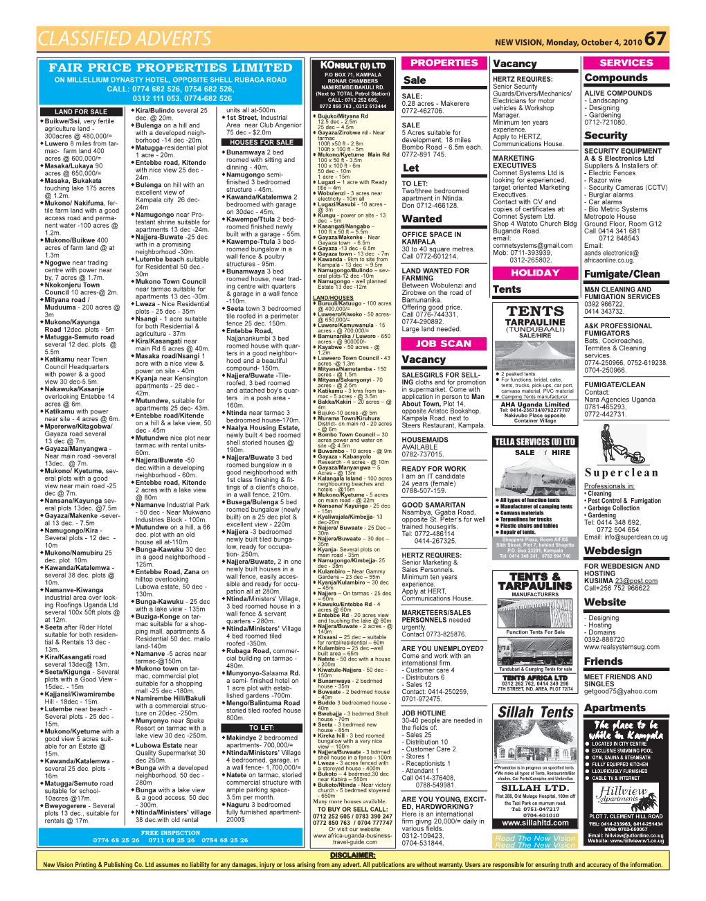CLASSIFIED ADVERTS NEW VISION, Monday, October 4, 2010 67