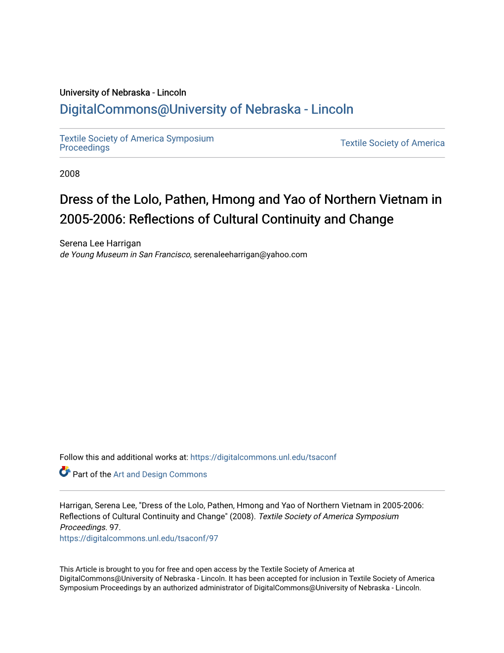 Dress of the Lolo, Pathen, Hmong and Yao of Northern Vietnam in 2005-2006: Reflections of Cultural Continuity and Change