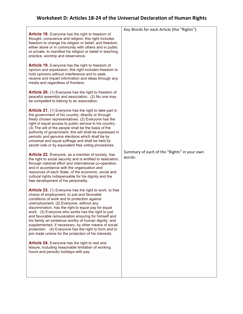 Worksheet D: Articles 18-‐24 of the Universal Declaration of Human