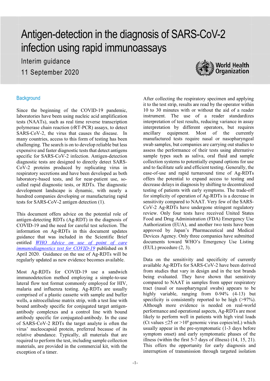 Antigen-Detection in the Diagnosis of SARS-Cov-2 Infection Using Rapid Immunoassays: Interim Guidance