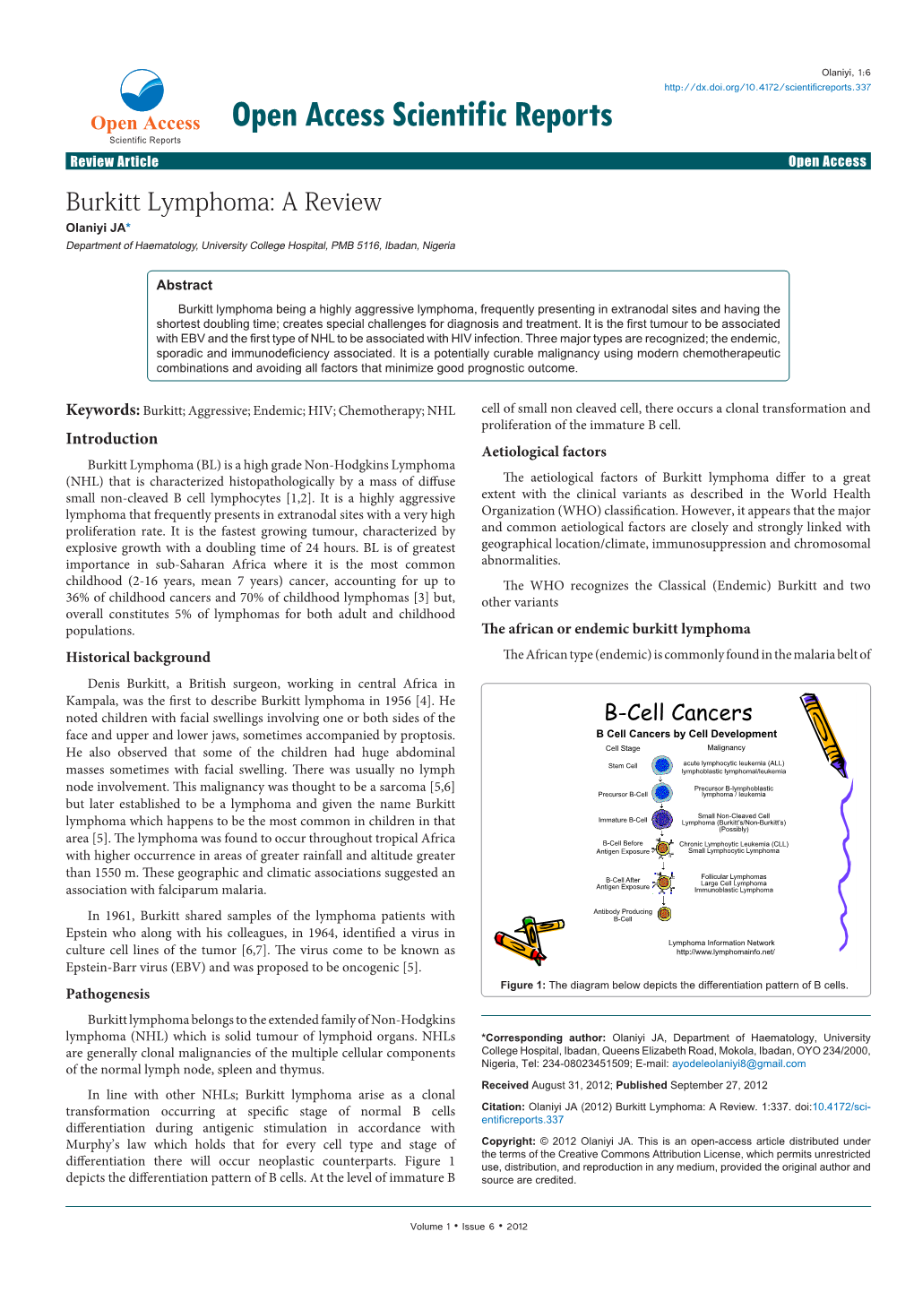 Burkitt Lymphoma: a Review Olaniyi JA* Department of Haematology, University College Hospital, PMB 5116, Ibadan, Nigeria