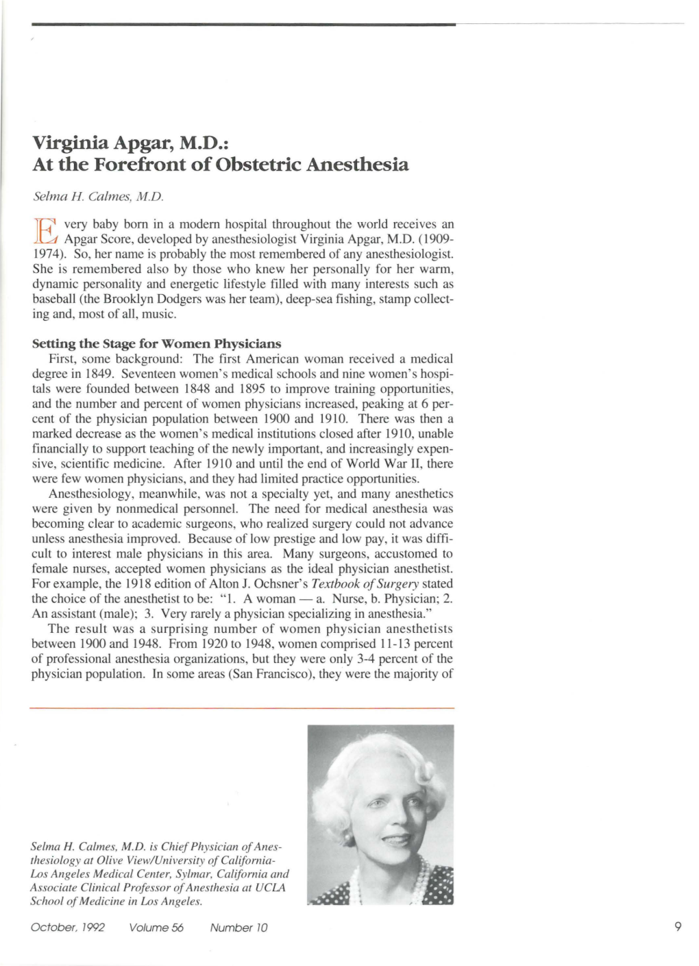 Virginia Apgar, M.D.: at the Forefront of Obstetric Anesthesia