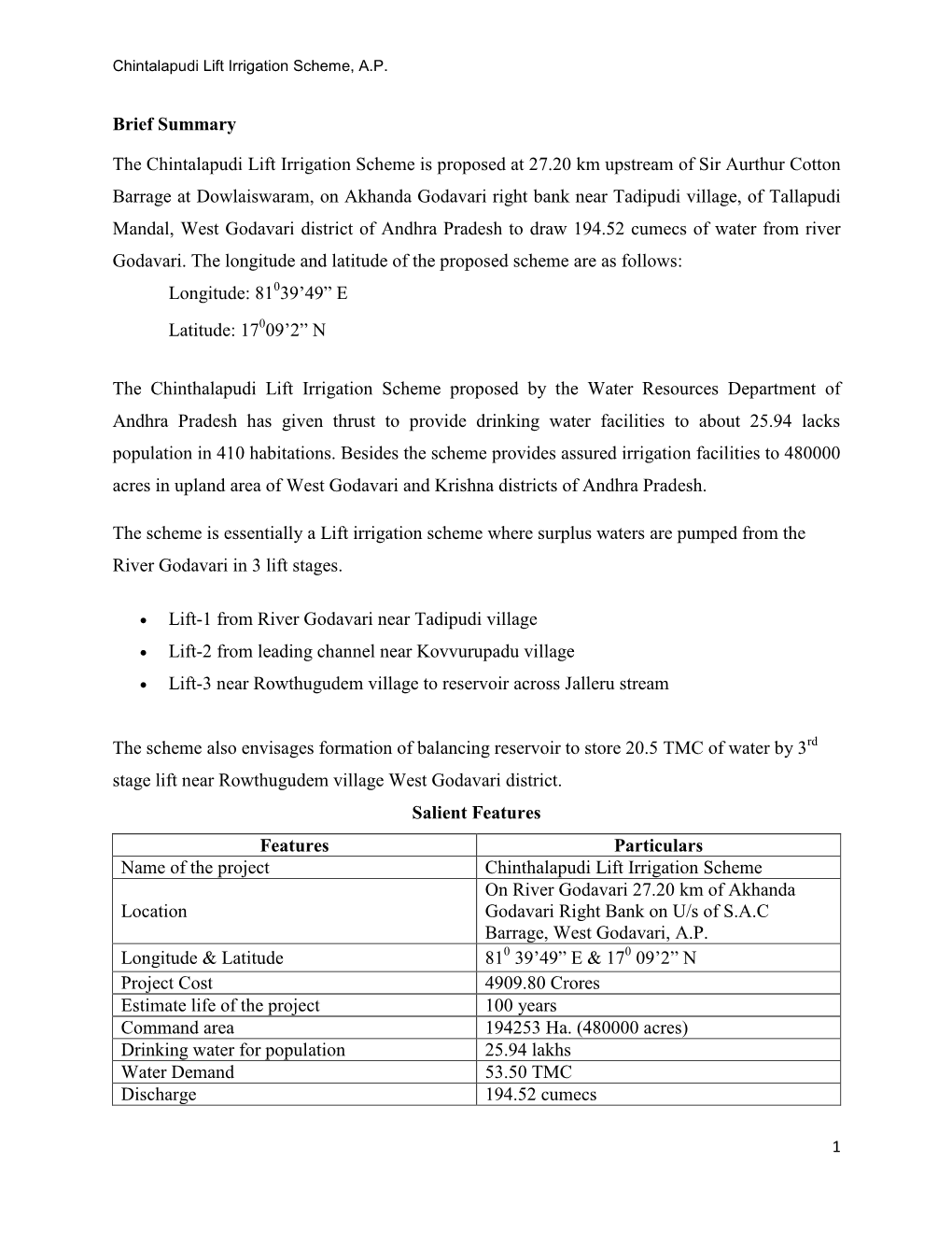 Brief Summary the Chintalapudi Lift Irrigation Scheme Is Proposed At