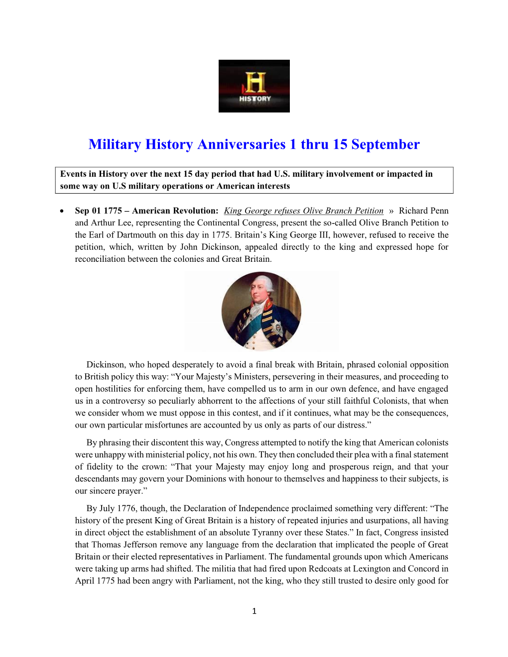 Military History Anniversaries 1 Thru 15 September