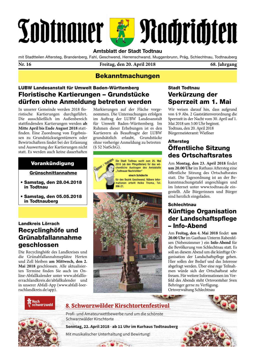 Ausgabe Todtnauer Nachrichten Vom 20.04.2018 Nr. 16