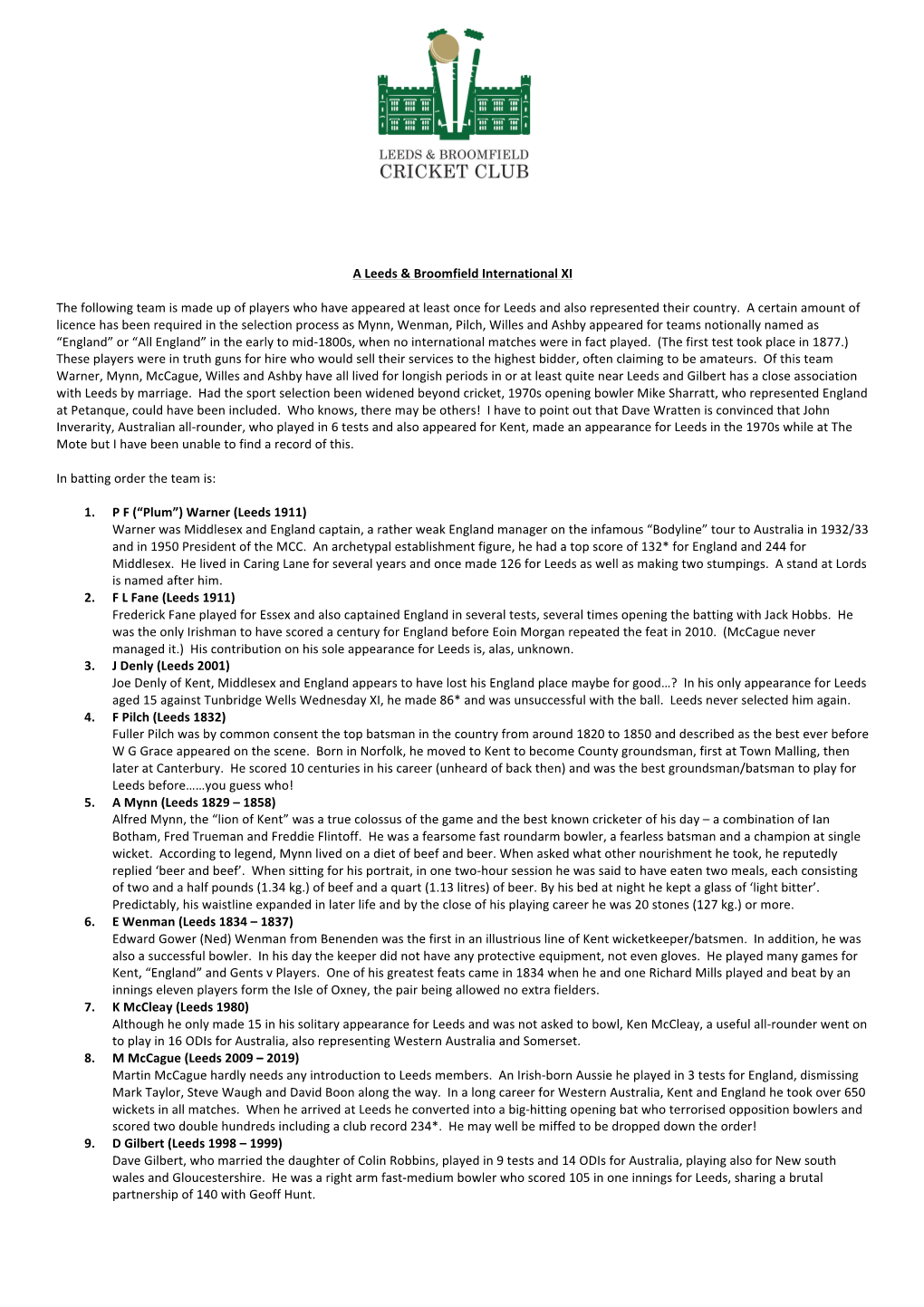 A Leeds & Broomfield International XI the Following Team Is Made