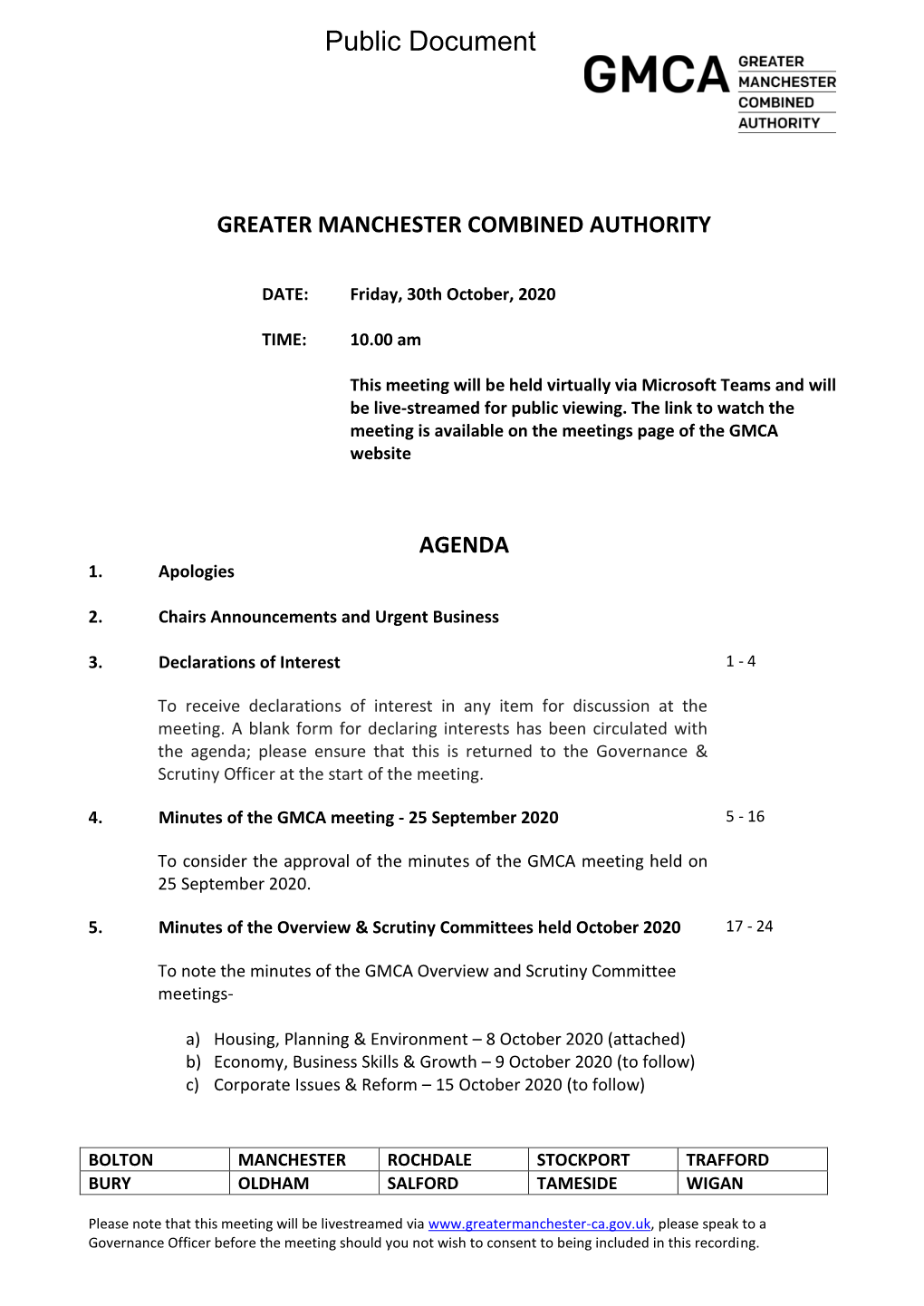 Greater Manchester Combined Authority Agenda