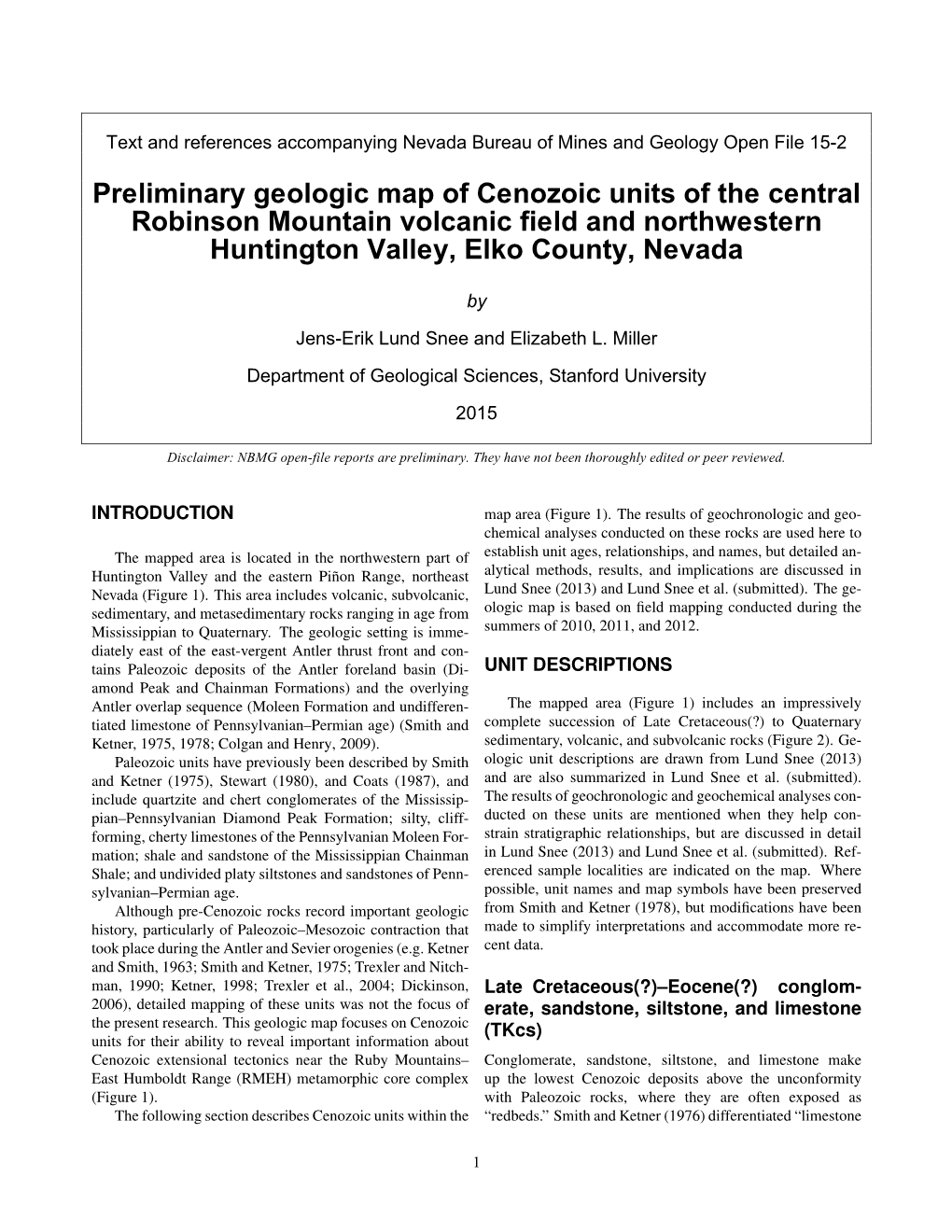 Preliminary Geologic Map of Cenozoic Units of the Central Robinson Mountain Volcanic Field and Northwestern Huntington Valley, Elko County, Nevada