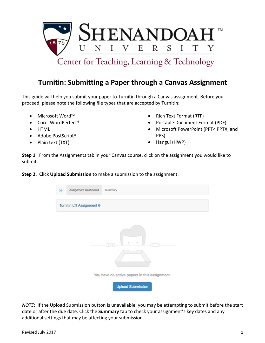 Turnitin: Submitting a Paper Through a Canvas Assignment