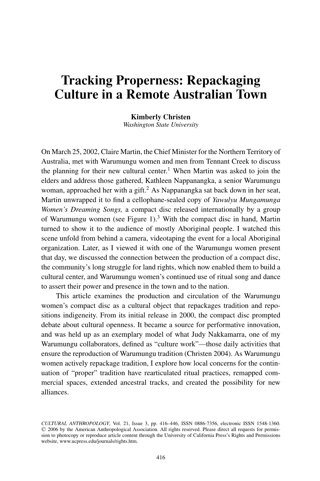 Tracking Properness: Repackaging Culture in a Remote Australian Town