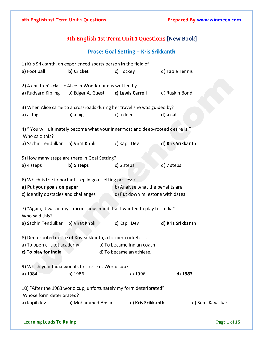 9Th English 1St Term Unit 1 Questions Prepared By