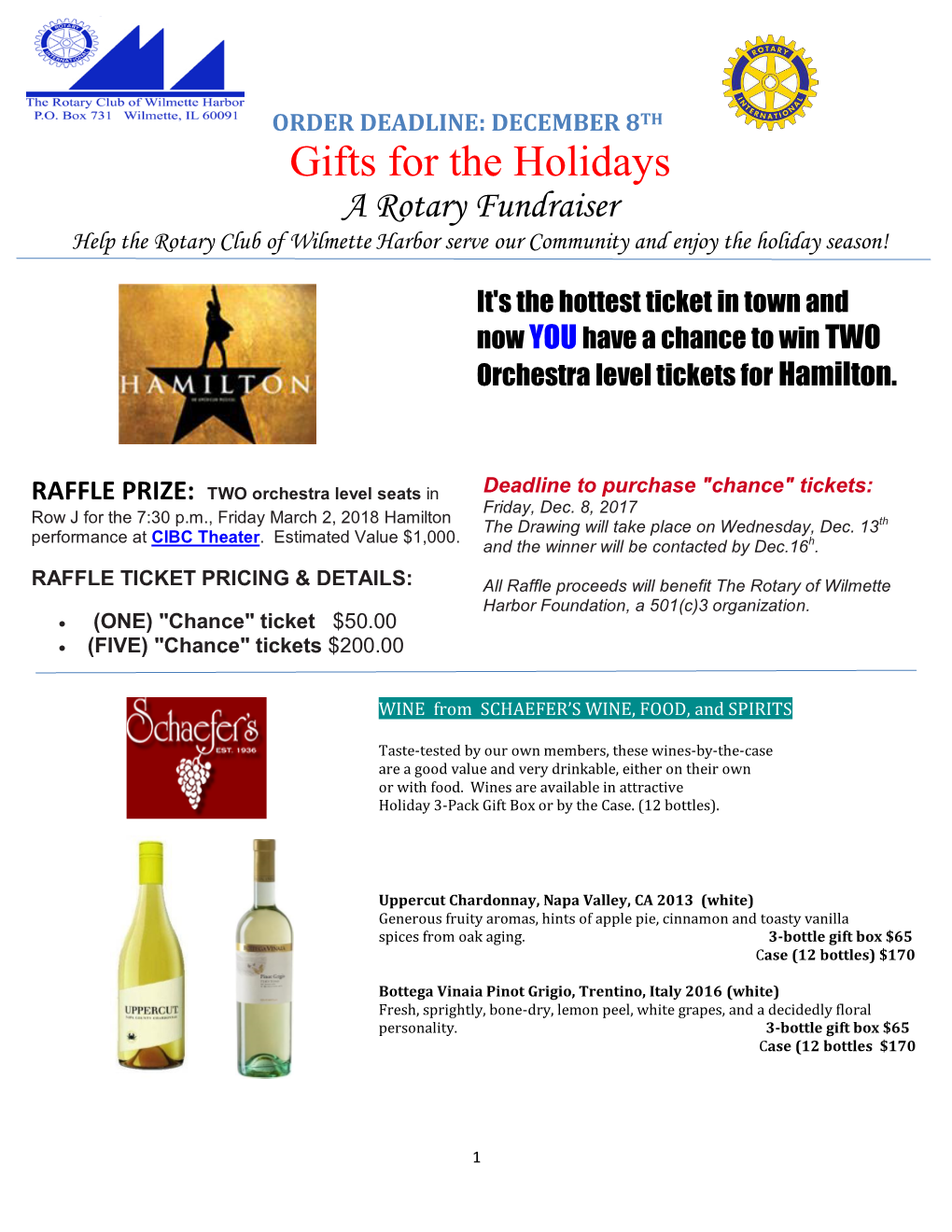Gifts for the Holidays a Rotary Fundraiser Help the Rotary Club of Wilmette Harbor Serve Our Community and Enjoy the Holiday Season!