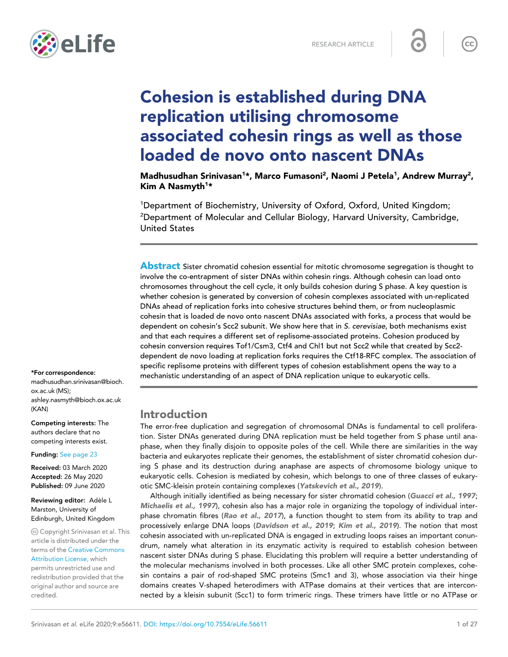 Cohesion Is Established During DNA Replication Utilising Chromosome