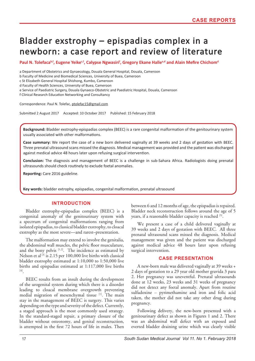 Bladder Exstrophy – Epispadias Complex in a Newborn: a Case Report and Review of Literature Paul N