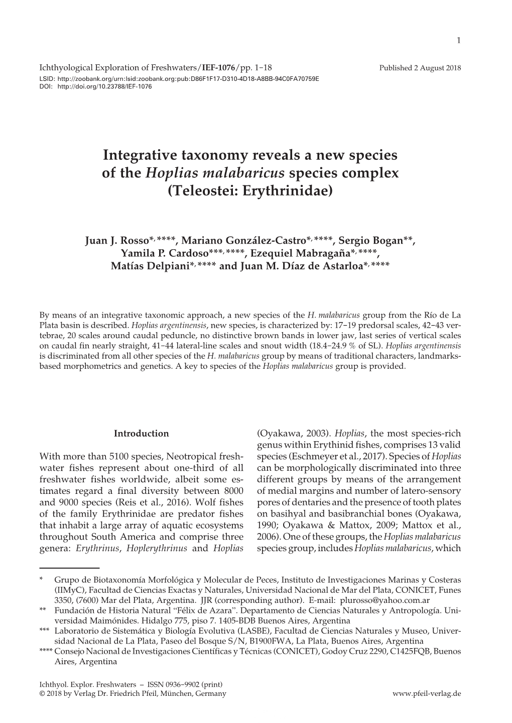 Integrative Taxonomy Reveals a New Species of the Hoplias Malabaricus Species Complex (Teleostei: Erythrinidae)