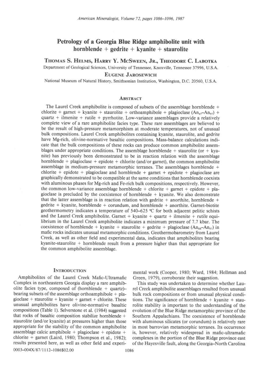 Petrology of a Georgia Blue Ridge Amphibolite Unit with Hornblende* Gedrite * Kyanite * Staurolite Tnonrl.Ss