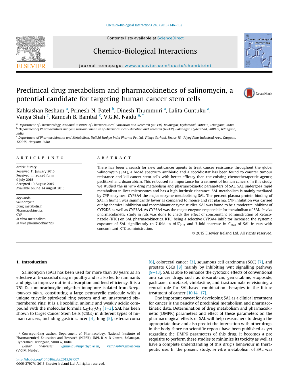 Preclinical Drug Metabolism and Pharmacokinetics of Salinomycin, a Potential Candidate for Targeting Human Cancer Stem Cells