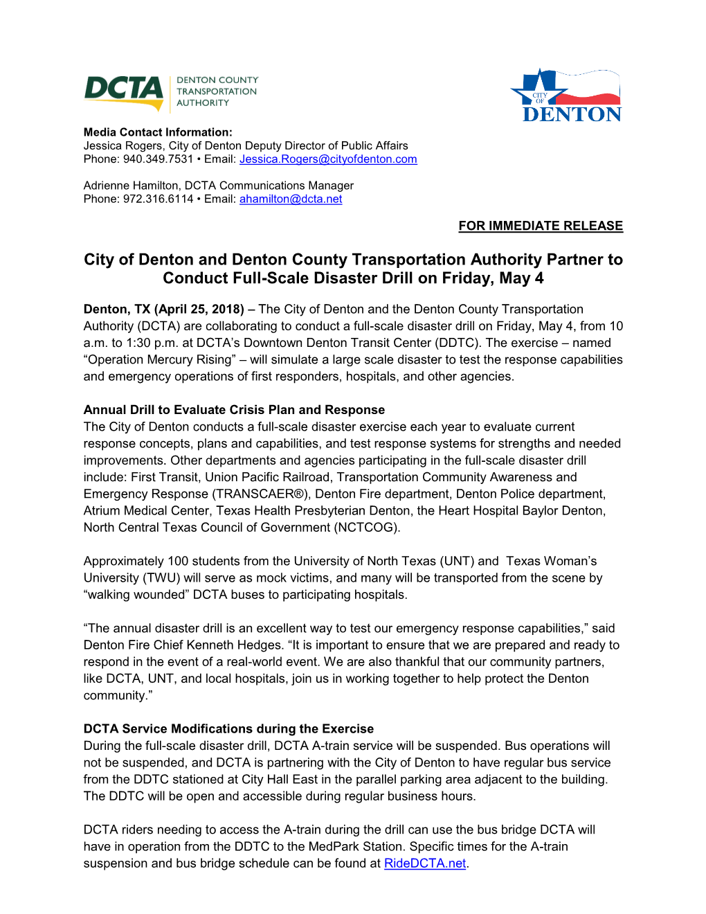 City of Denton and Denton County Transportation Authority Partner to Conduct Full-Scale Disaster Drill on Friday, May 4