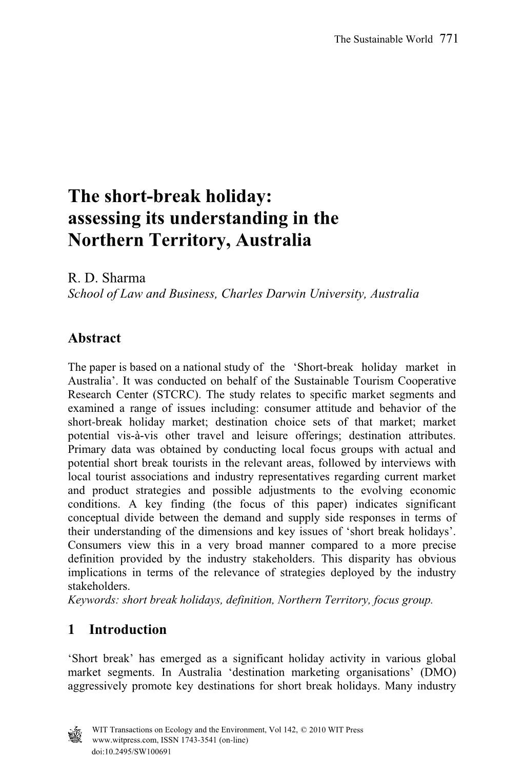 The Short-Break Holiday: Assessing Its Understanding in the Northern Territory, Australia