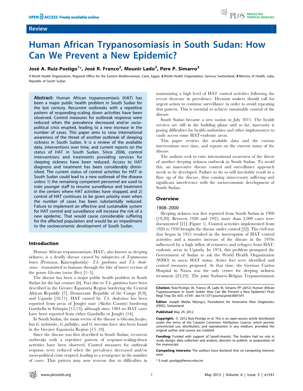 Human African Trypanosomiasis in South Sudan: How Can We Prevent a New Epidemic?