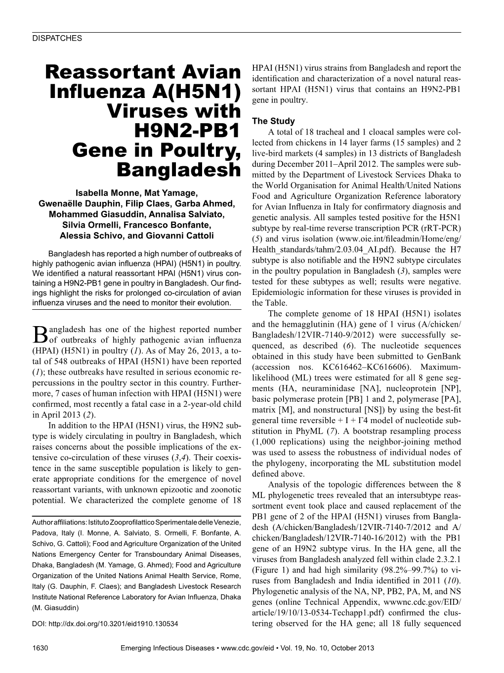 Reassortant Avian Influenza A(H5N1) Viruses with H9N2-PB1 Gene in Poultry, Bangladesh