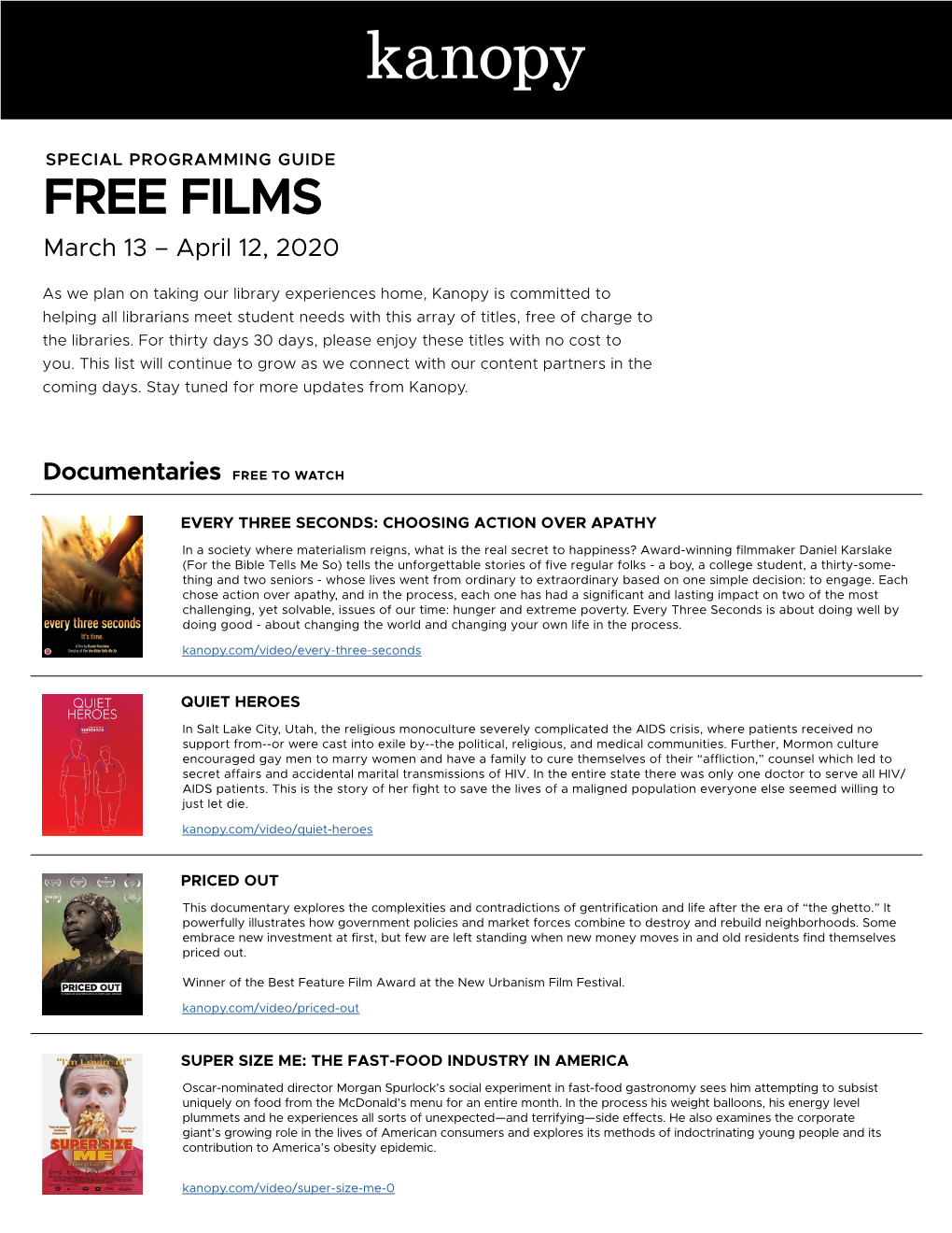 FREE FILMS March 13 – April 12, 2020