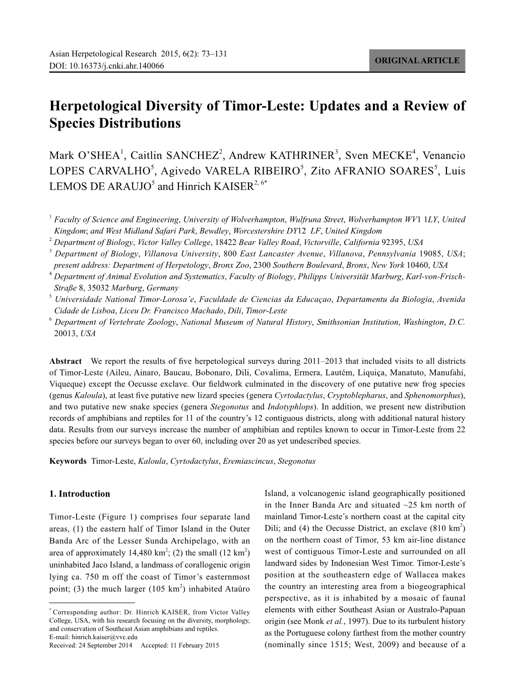 Herpetological Diversity of Timor-Leste: Updates and a Review of Species Distributions