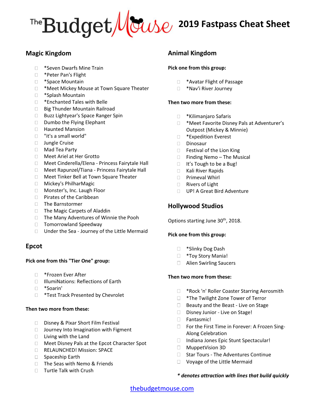 2019 Fastpass Cheat Sheet