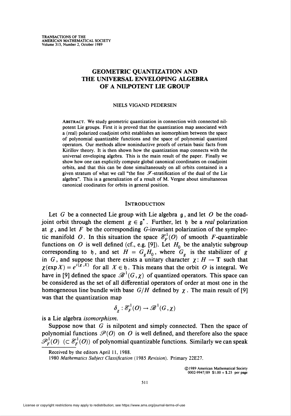 Geometric Quantization and the Universal Enveloping Algebra of a Nilpotent Lie Group