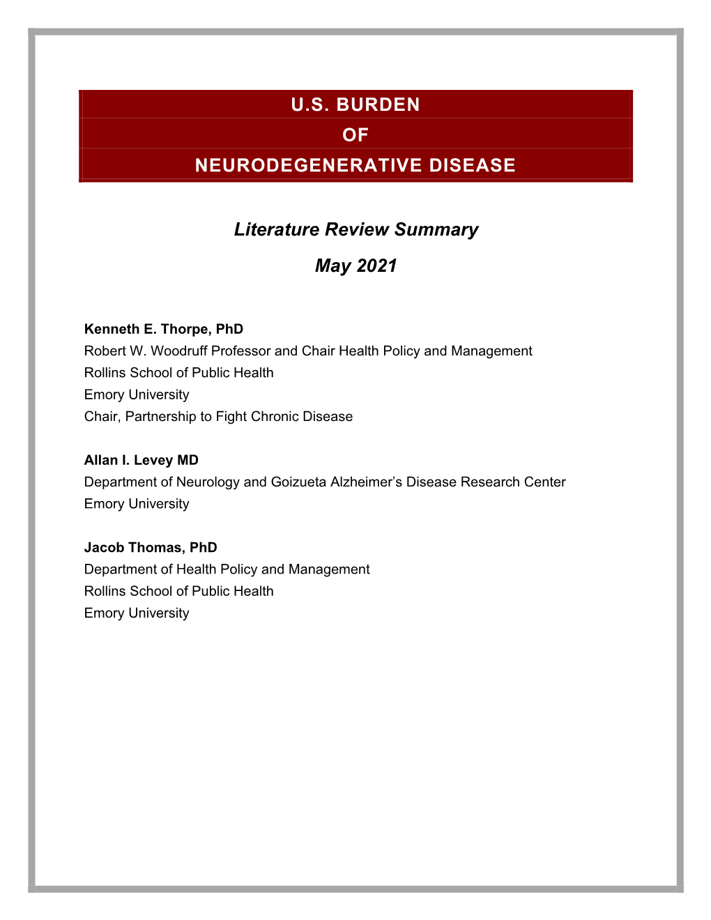 U.S. Burden of Neurodegenerative Disease