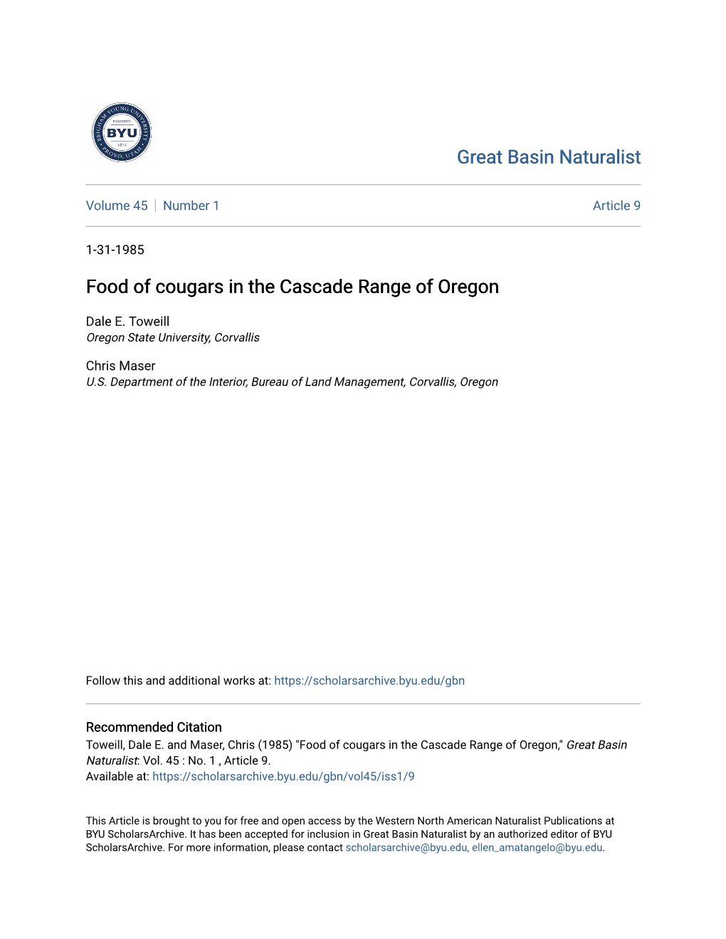 Food of Cougars in the Cascade Range of Oregon