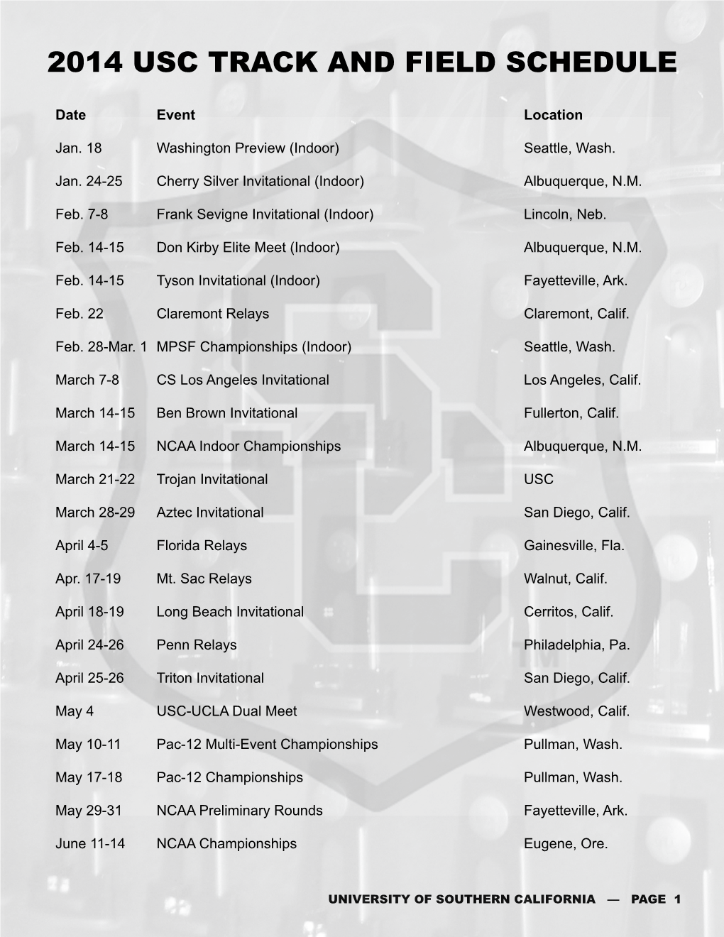2014 Usc Track and Field Schedule