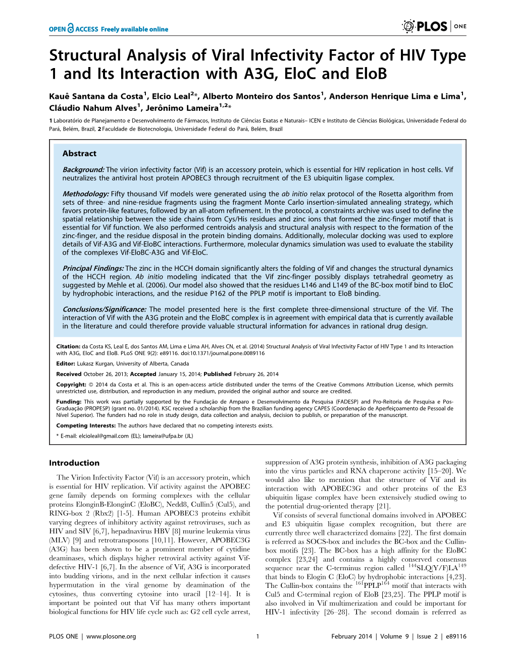 Structural Analysis of Viral Infectivity Factor of HIV Type 1 and Its Interaction with A3G, Eloc and Elob