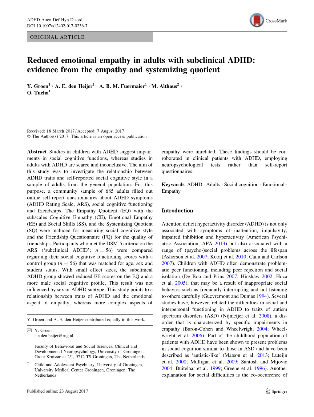 Reduced Emotional Empathy in Adults with Subclinical ADHD: Evidence from the Empathy and Systemizing Quotient