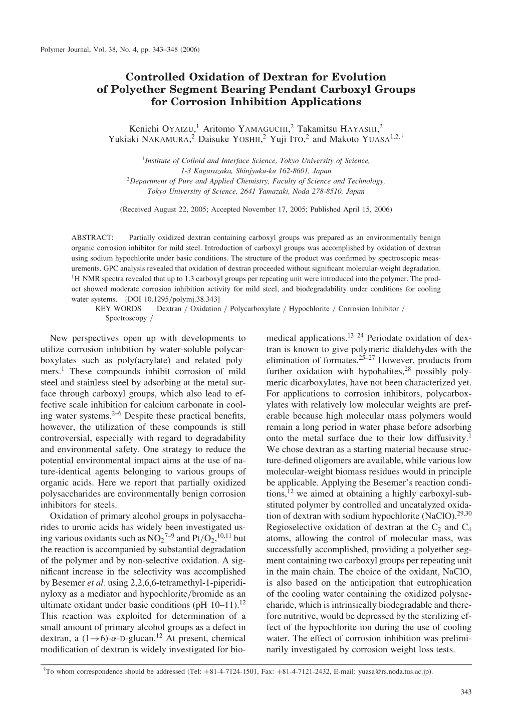 Controlled Oxidation of Dextran for Evolution of Polyether Segment Bearing Pendant Carboxyl Groups for Corrosion Inhibition Applications