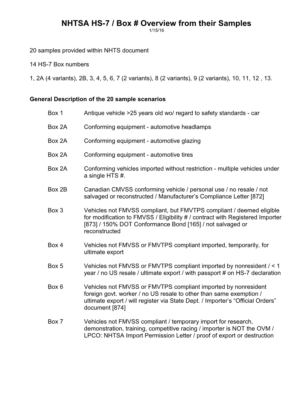 NHTSA HS-7 / Box # Overview from Their Samples