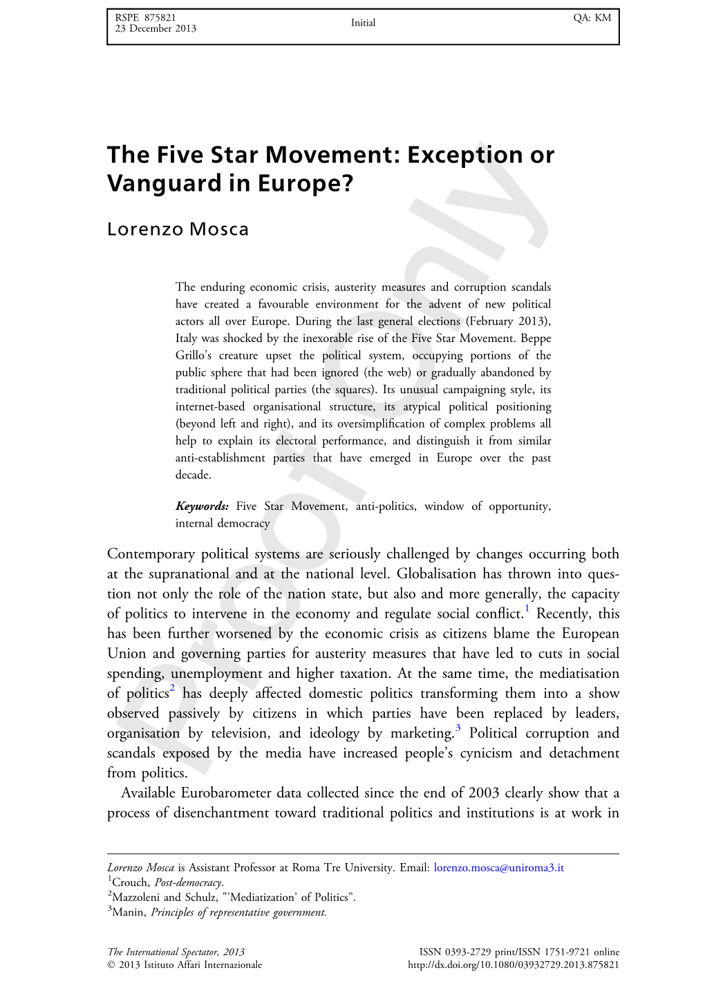 The Five Star Movement: Exception Or Vanguard in Europe? Lorenzo Mosca