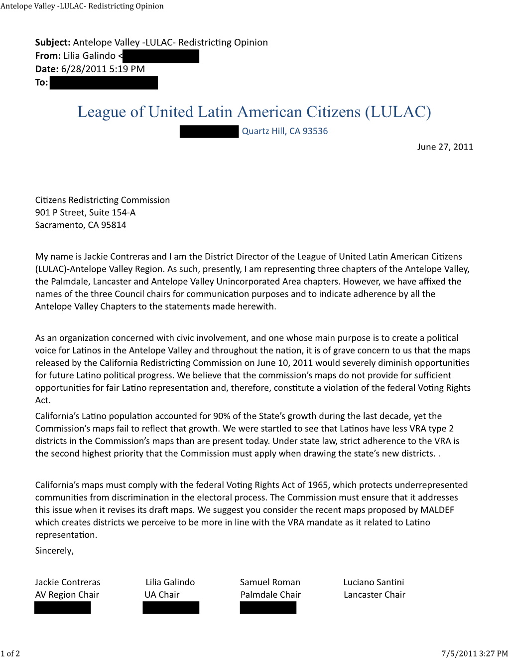 Subject: Antelope Valley -LULAC- Redistricng Opinion From: Lilia