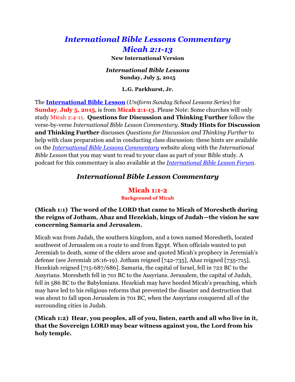 International Bible Lessons Commentary Micah 2:1-13 New International Version