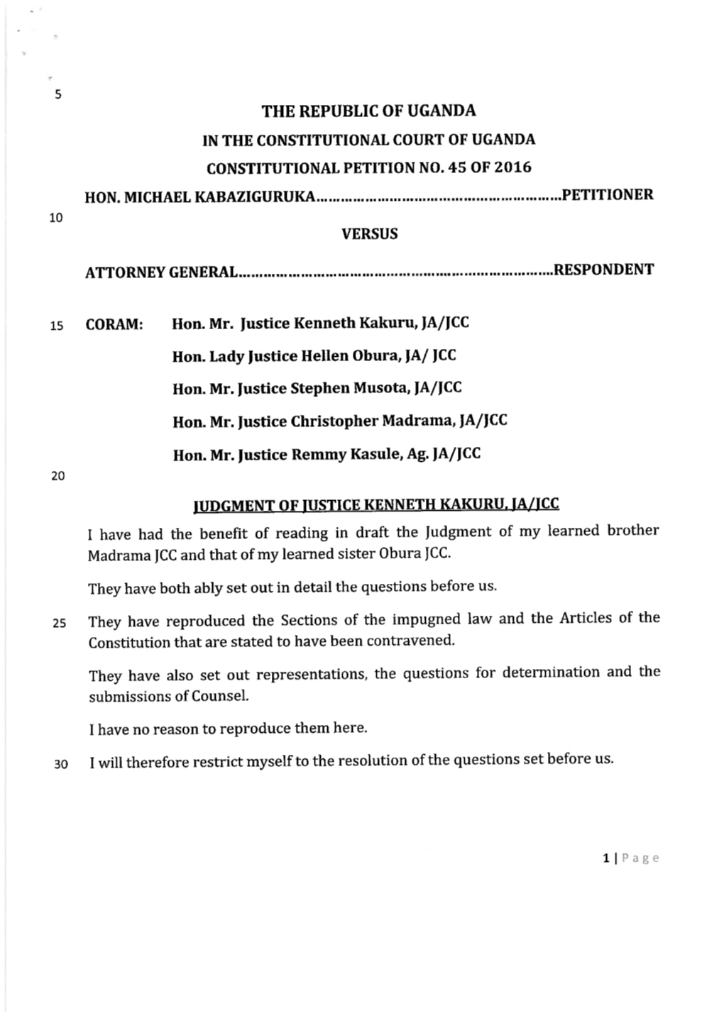 The Republic of Uganda in the Constitutional Court of Uganda Constitutional Petition No