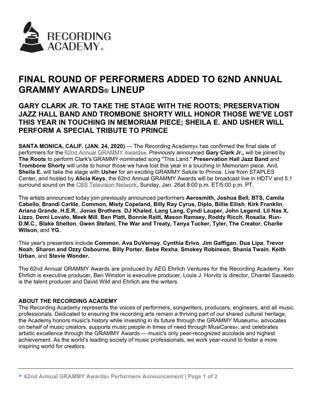 Final Round of Performers Added to 62Nd Annual Grammy Awards® Lineup