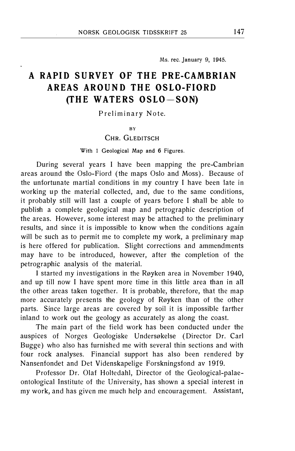 A Rapid Survey of the Pre-Cambrian Areas Around the Oslo-Fiord (The Waters Oslo-Son)