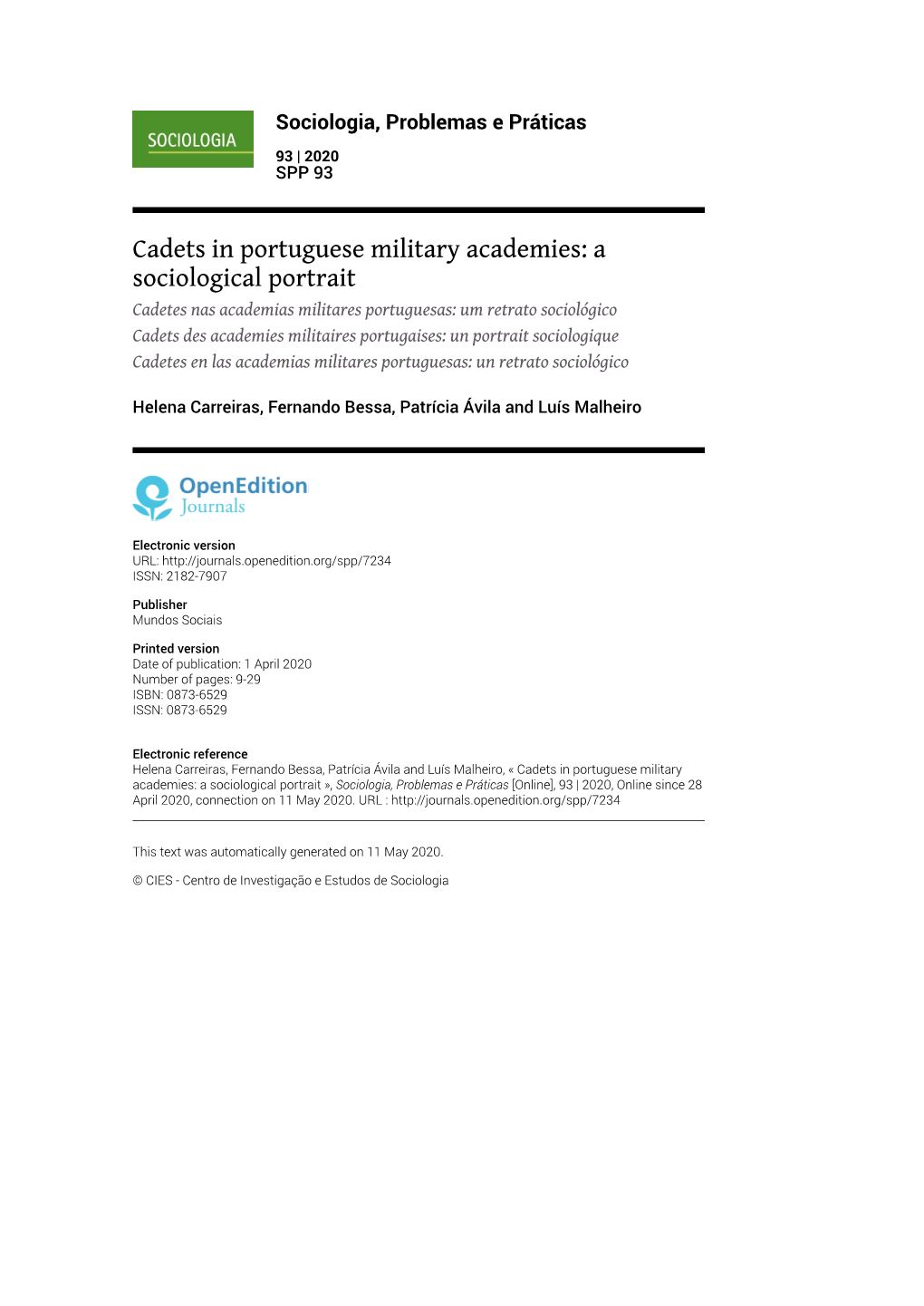 Sociologia, Problemas E Práticas, 93 | 2020 Cadets in Portuguese Military Academies: a Sociological Portrait 2