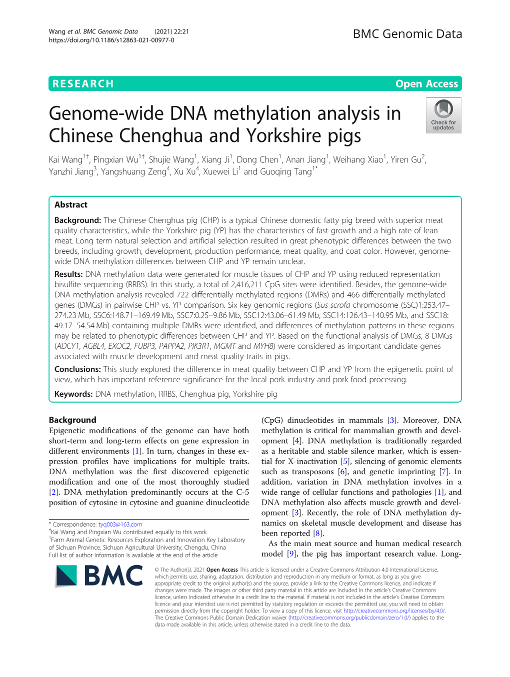 Genome-Wide DNA Methylation Analysis in Chinese Chenghua and Yorkshire Pigs