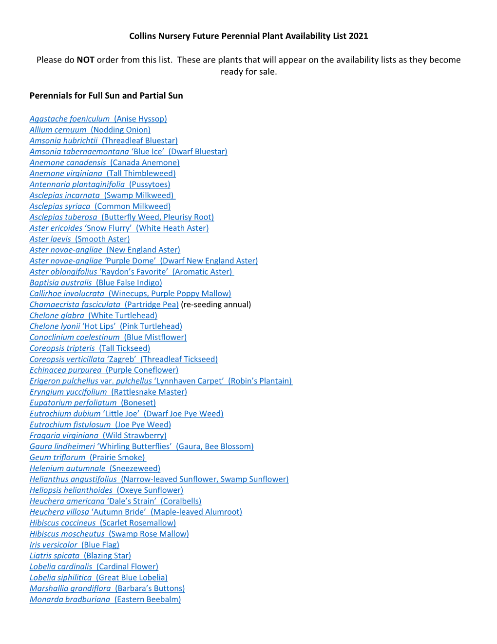 Collins Nursery Future Perennial Plant Availability List 2021