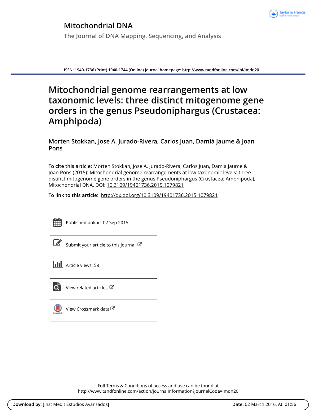 Mitochondrial Genome Rearrangements at Low Taxonomic Levels: Three Distinct Mitogenome Gene Orders in the Genus Pseudoniphargus (Crustacea: Amphipoda)